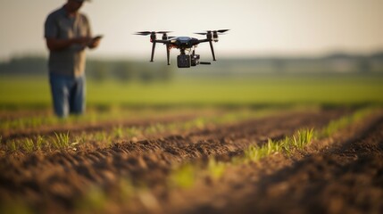 A birdseye view shows a farmer remotely operating a drone, using precision technology to precisely plant every seed and optimize crop spacing in agriculture operations. - obrazy, fototapety, plakaty