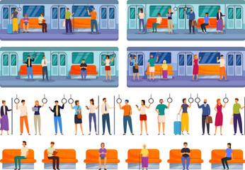 People inside subway icons set cartoon vector. Transport travel. Social public tram - obrazy, fototapety, plakaty