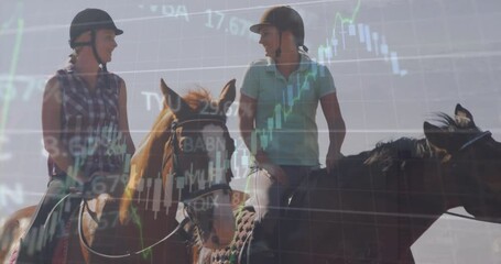 Animation of financial data processing over caucasian man and woman horse riding - Powered by Adobe