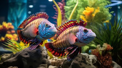 Fototapeta na wymiar A trio of colorful and energetic fish swimming gracefully in a beautifully aquascaped freshwater aquarium -Generative Ai 