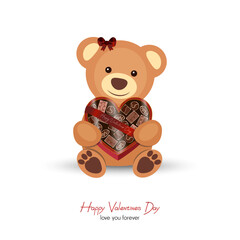Happy valentines day, bear holding box with sweets and candy