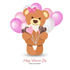 Bear girl holding candies with air ballons, happy valentines day