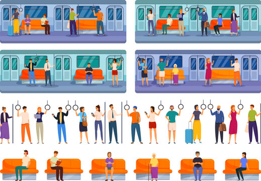 People inside subway icons set cartoon vector. Transport travel. Social public tram