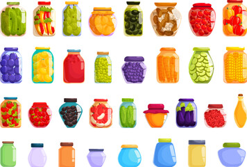Pickled food jars icons set cartoon vector. Product can. Jar spice pot