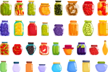 Foto op Plexiglas Pickled food jars icons set cartoon vector. Product can. Jar spice pot © nsit0108