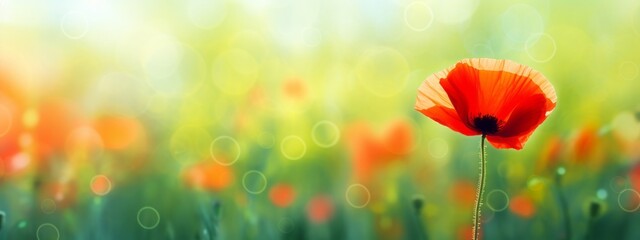 Red poppy in a field with green blurred bokeh background