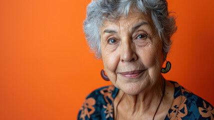 Closeup Portrait of a senior woman against a orange studio background - obrazy, fototapety, plakaty
