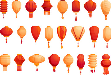 Paper glowing lantern icons set cartoon vector. Floating fire light. Chinese ceremony - obrazy, fototapety, plakaty
