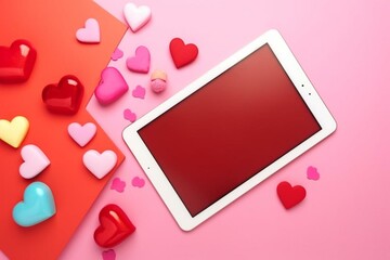 View of tablet with gift boxes and hearts on colorful background. Valentine's Day. Generative AI