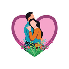 Flat illustration design of loving couple hugging with love shape background