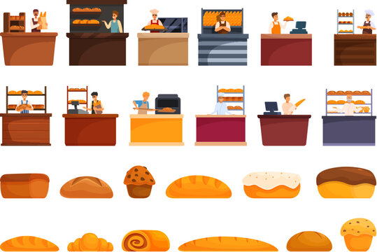 Baker selling bread icons set cartoon vector. People seller. Bakery shop