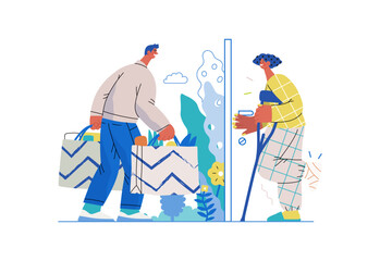 Obraz premium Mutual Support Buying groceries for ill neighbor -modern flat vector concept illustration of man carrying shopping bags for woman on crutches Metaphor of voluntary, collaborative exchanges of services
