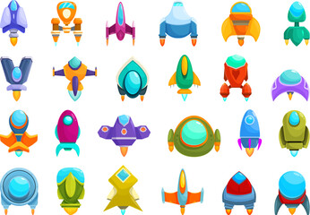 Alien cosmic starship icons set cartoon vector. Fantasy asset. Space travel