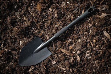 Black titanium garden spade on a dark mulch bed