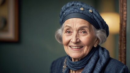 An elderly woman with a blue hat and shawl smiles at the camera.