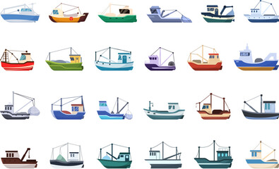 Fisher vessel icons set cartoon vector. Sea water boat. Fish seafood