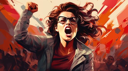 Illustration of a female activist expressing anger and passion, powerful and emotive - obrazy, fototapety, plakaty