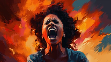 Artful representation of a female activist expressing anger and resilience, making a powerful statement