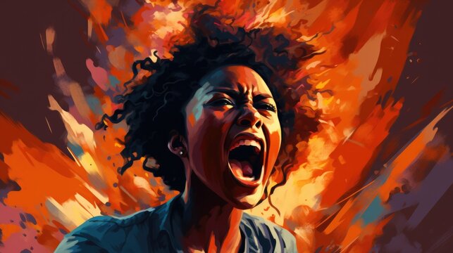 Artful representation of a female activist expressing anger and resilience, making a powerful statement