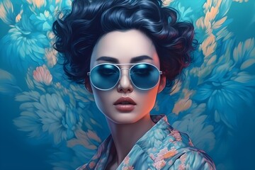 Pastel colored paper art illustration, forward facing fashion portrait of a beautiful woman wearing futuristic sunglasses