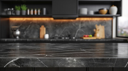  A dark marble table, ready for product display in a contemporary kitchen, with a blurred background, creating a stylish setting.Mockup