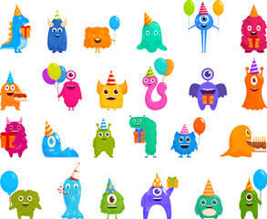 Monster birthday party icons set cartoon vector. Cupcake balloon. Toy present