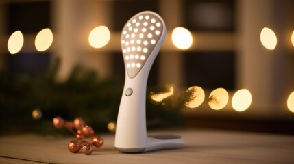 Closeup of a sleek handheld facial massager with vibrating bristles and textured surface - obrazy, fototapety, plakaty