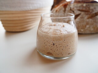 Closeup on fresh sourdough in a glass jar, bread and banneton in background, white table