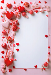 FRAME WITH HEARTS AND ROSES, WHITE BACKGROUND. VERTICAL.