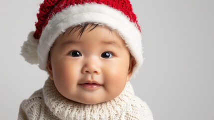 Portrait of an asian baby with a christmas hat on white studio background