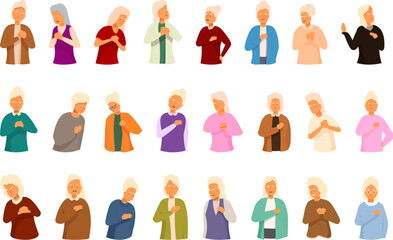 Old woman chest ache icons set cartoon vector. Female heart. Senior body