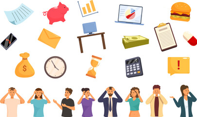 Info stress icons set cartoon vector. Overload information. Mental health