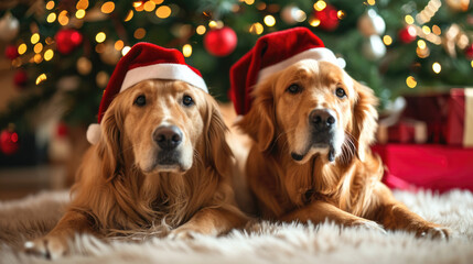 Two Cute dogs infront of a christmas tree with a christmas hat