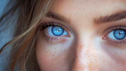 Young woman with striking blue eyes in close-up.