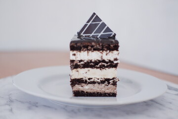 Delicious chocolate cake on a white plate