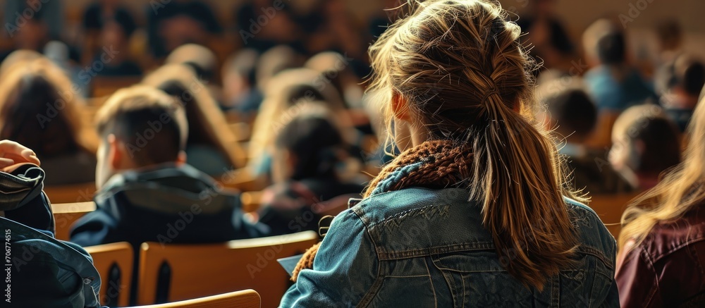 Leinwandbilder Rear view of college students listen to teacher teaching and explaining lesson in classroom. with copy space image. Place for adding text or design