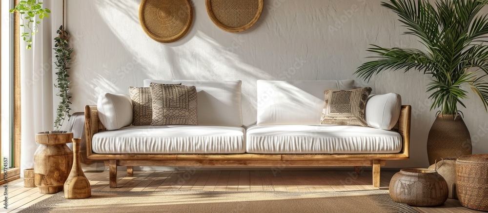 Poster Stylish sofa details of couch fabric and pillows Boho design comfortable sofa with textures and modern furniture. with copy space image. Place for adding text or design