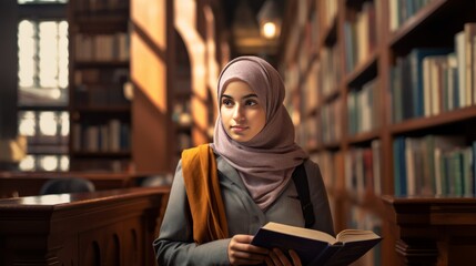 Beautiful Muslim girl reading book with hijab and smiling. - obrazy, fototapety, plakaty