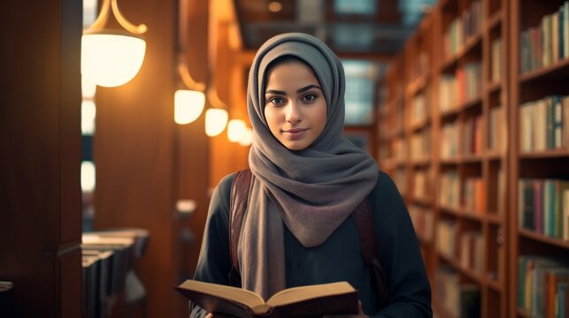 Beautiful Muslim girl reading book with hijab and smiling. - Powered by Adobe