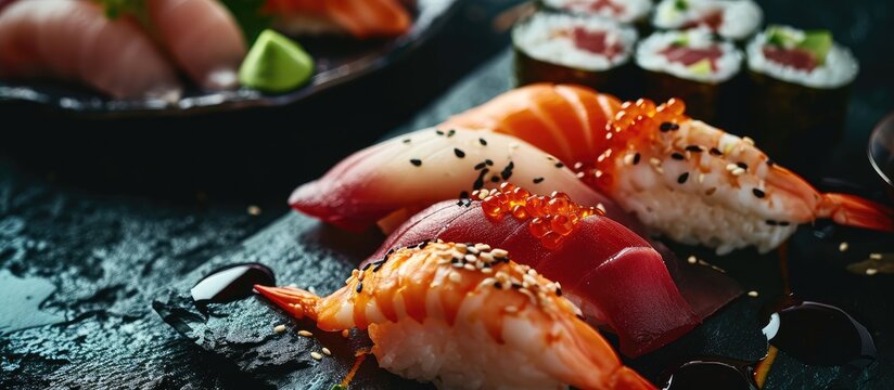 Photo of Sushi Luxurious taken at a sushi restaurant in Nakhchivan. with copy space image. Place for adding text or design