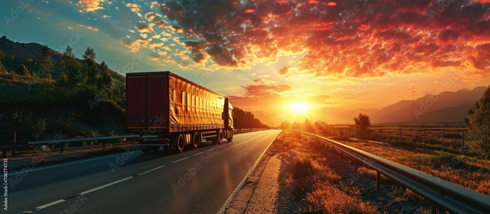 Poster truck transport on the road at sunset and cargo. with copy space image. place for adding text or des