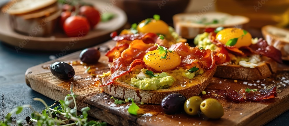 Poster Scramble on toast with bacon guacamole and olives Healthy and tasty breakfast on a plate. with copy space image. Place for adding text or design