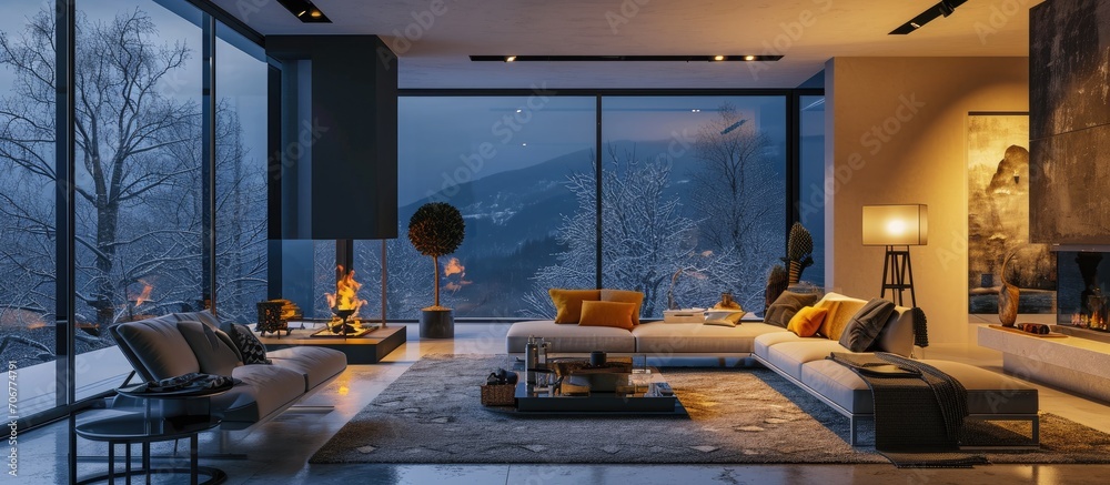 Aufkleber night scene of a stylish and modern living room. with copy space image. place for adding text or des