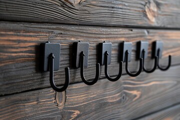 Matte black metal wall hooks on a dark wooden panel