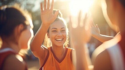 Closeup of a highfive between two young athletes on a community basketball team after scoring a goal.