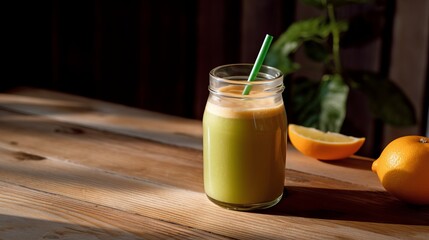 Green smoothie in a glass with straw