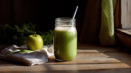Green smoothie in a glass with straw - obrazy, fototapety, plakaty