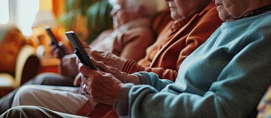 Multiracial senior friends with popcorns watching match over digital tablet in nursing home Wireless technology sport unaltered curiosity togetherness support assisted living and retirement - obrazy, fototapety, plakaty