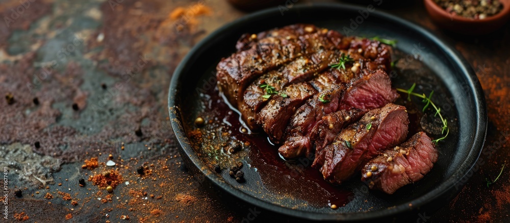 Poster Pieces of cooked rump steak with spices served on grill pan Steak of marbled beef black Angus Raw beef ramp steak top view. with copy space image. Place for adding text or design