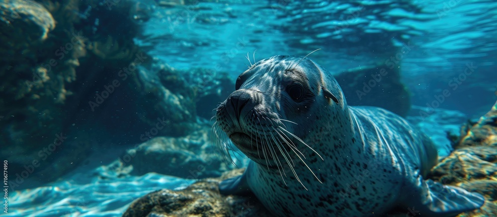 Poster Seal phoca swims underwater Underwater seal. with copy space image. Place for adding text or design